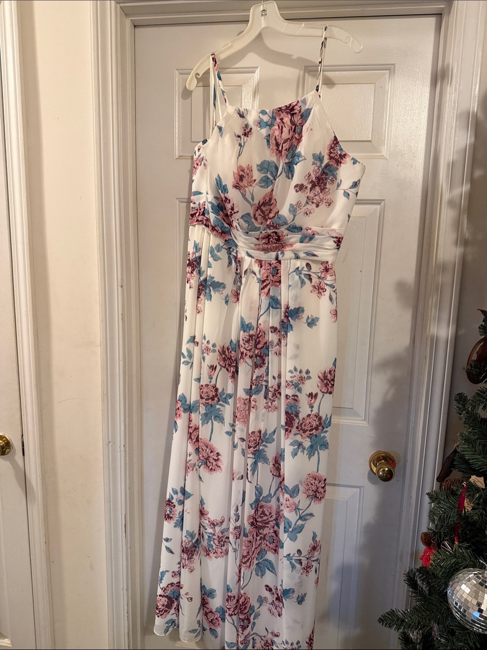 White Floral Spaghetti-Strap Maxi Dress with Pink and Blue Blooms